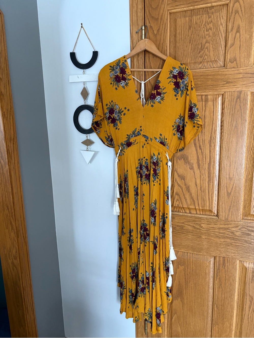 Mustard Floral Maxi Dress with Tassel Tie